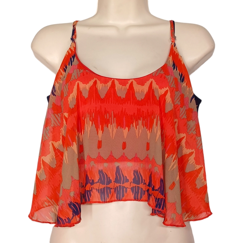 UK2LA Red Orange Blue Stripe Print Sleeveless Flowy Crop Top Large